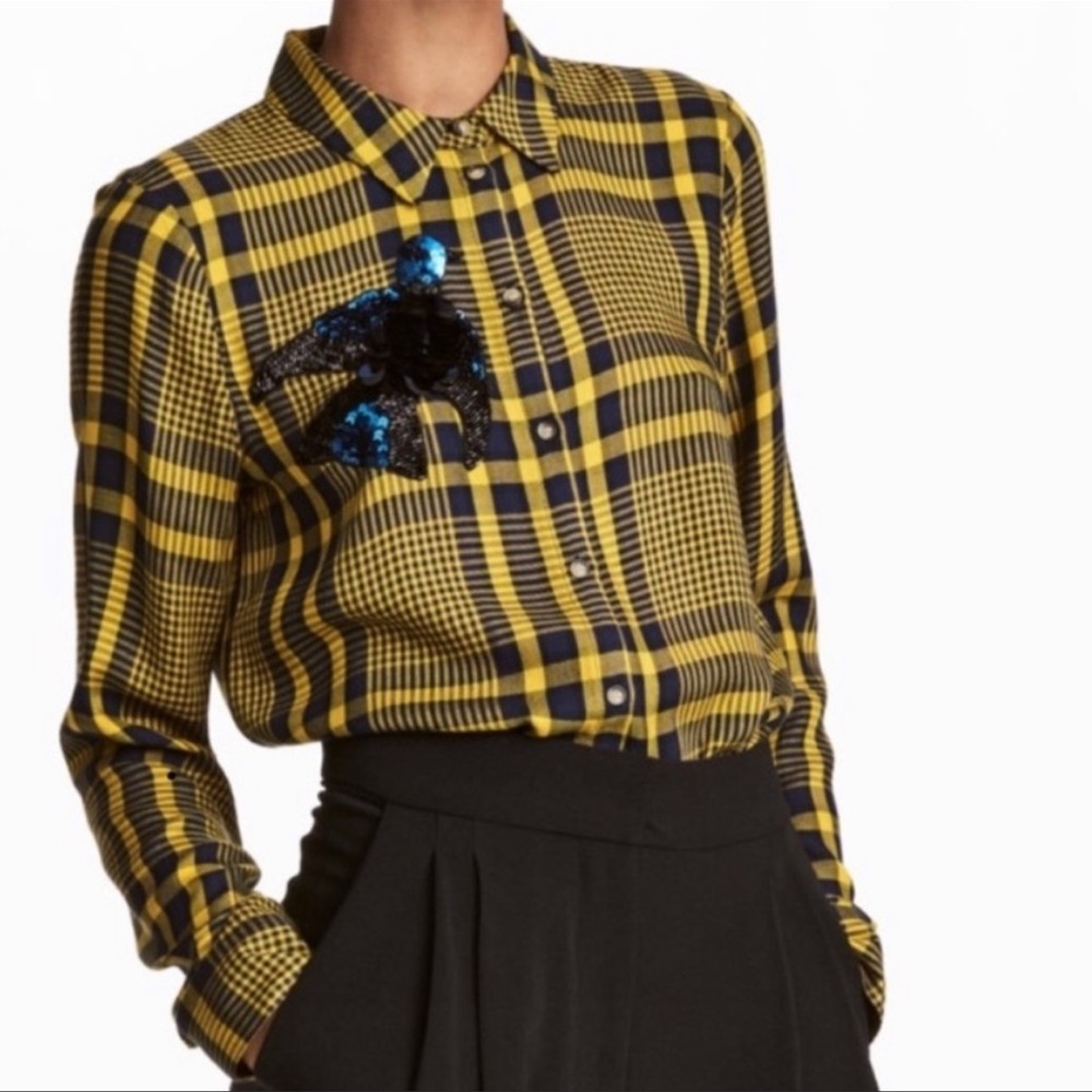 H&M button down shirt plaid blue sequins bird